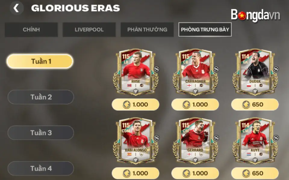 Chương Phòng trưng bày – Tuần 1. Sử dụng mảnh Glorious Eras để đổi các cầu thủ Liverpool F.C. cực phẩm